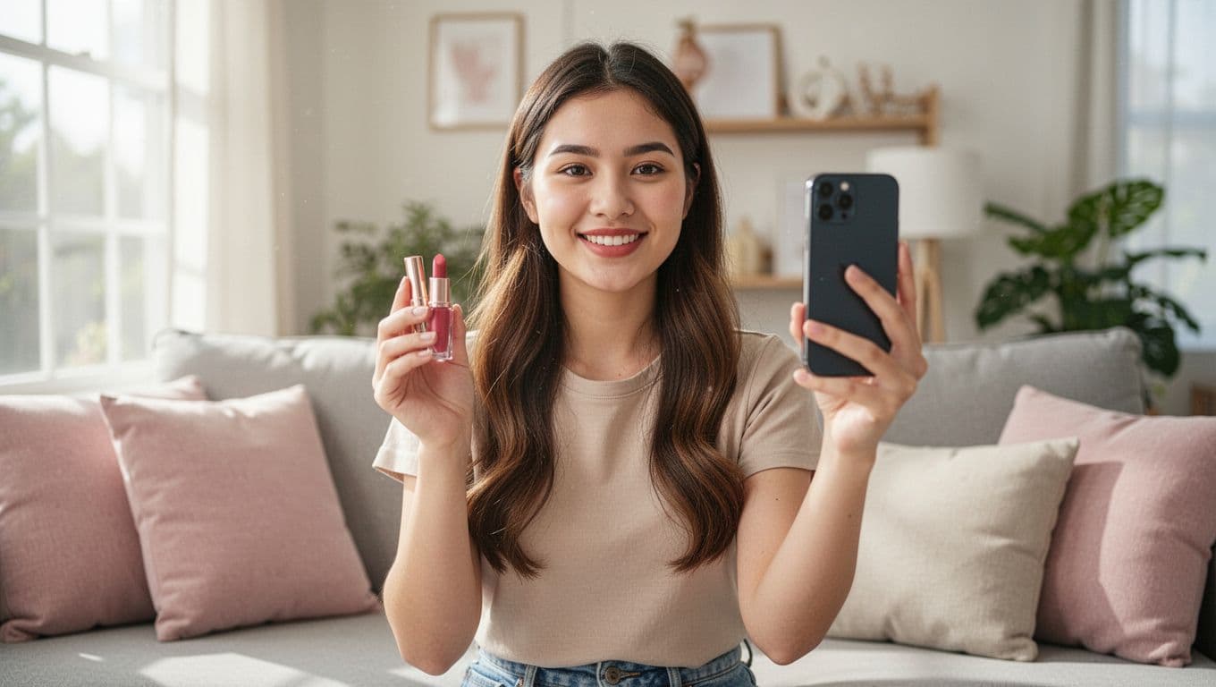 A young faceless woman casually records a UGC-style product review video on her smartphone while holding a lipstick in a bright living room with natural light and cushions.