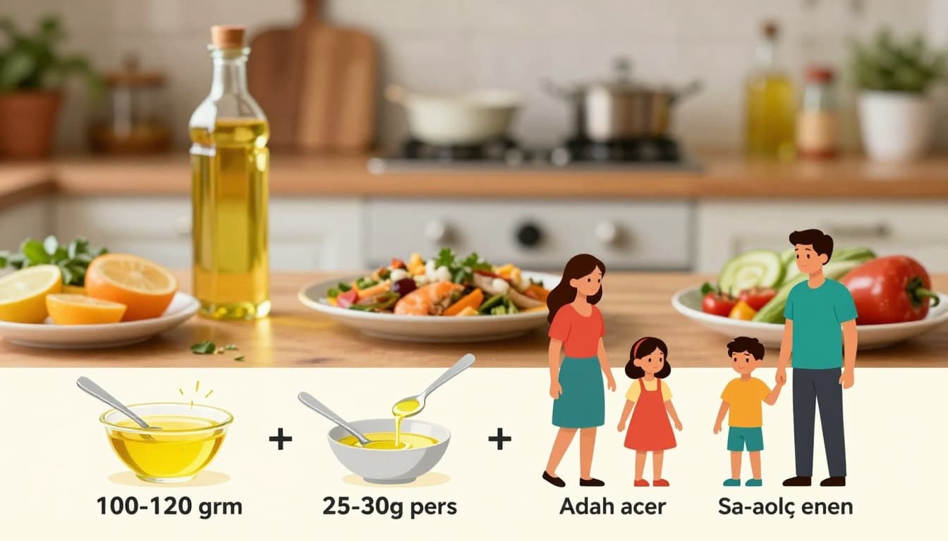 A colorful infographic illustrating daily cooking oil intake recommendations for a family of 4, with spoon icons, per-person breakdowns for adults and kids, against a cozy Indian kitchen background.
