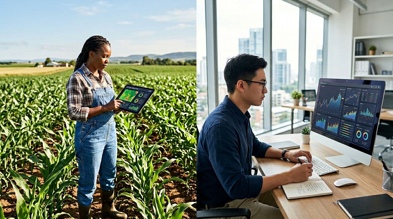 Split composition featuring a farmer in a sunny field holding a tablet with AI crop analytics app and a finance analyst in an office reviewing AI charts on a screen at an angle.