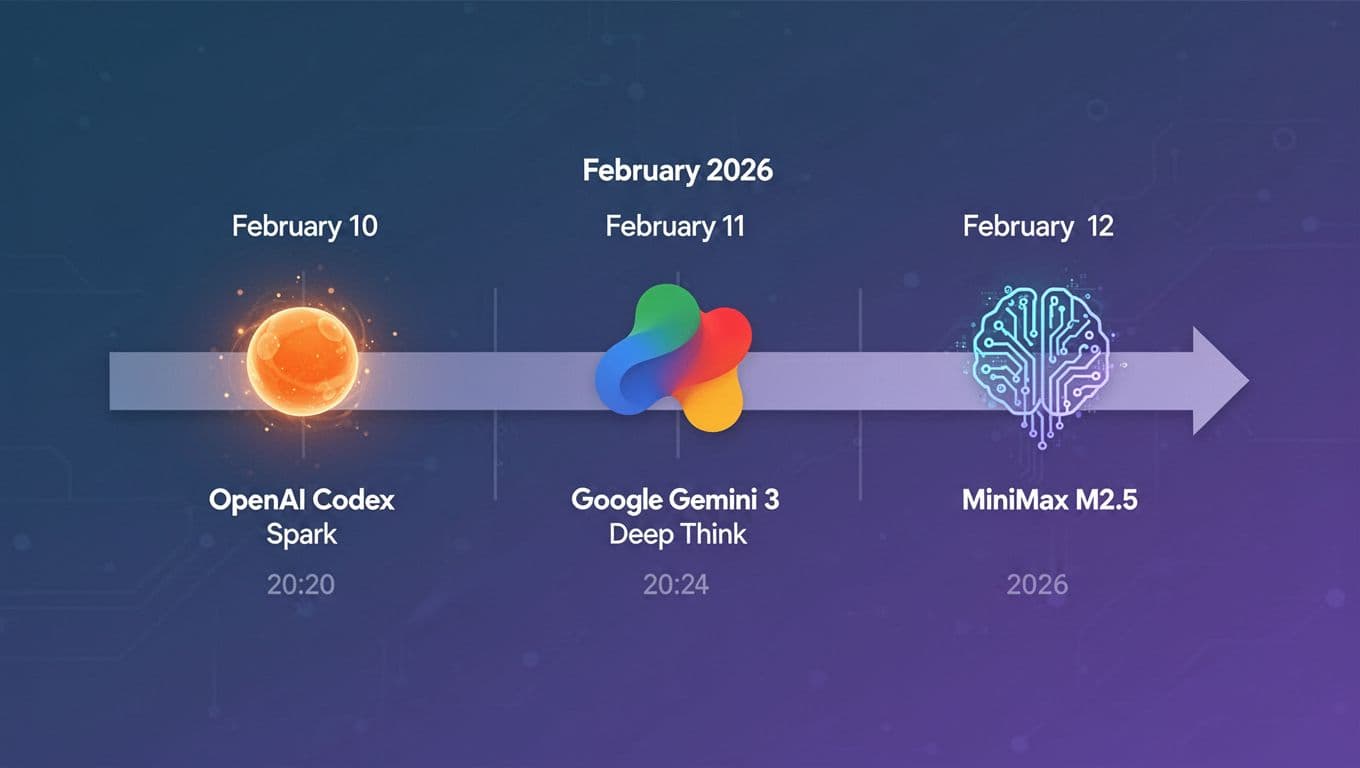 A clean, modern horizontal timeline infographic illustrating three major AI model releases in February 2026: OpenAI Codex Spark on Feb 10, Google Gemini 3 Deep Think on Feb 11, and MiniMax M2.5 on Feb 12. A clean, modern horizontal timeline infographic illustrating three major AI model releases in February 2026: OpenAI Codex Spark on Feb 10, Google Gemini 3 Deep Think on Feb 11, and MiniMax M2.5 on Feb 12.