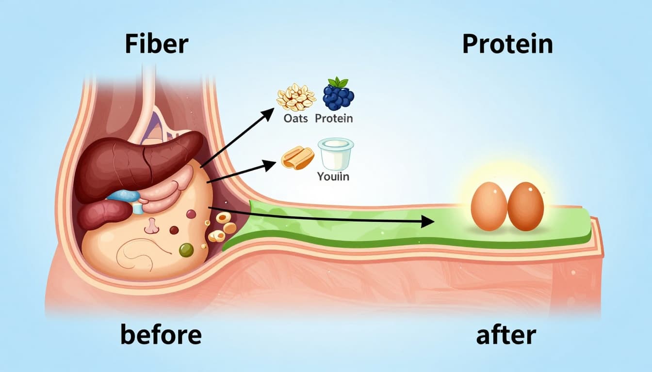 Infographic diagram showing a before-and-after cross-section of the human abdomen, illustrating how fiber from oats and berries and protein from yogurt and eggs reduce visceral fat around organs.