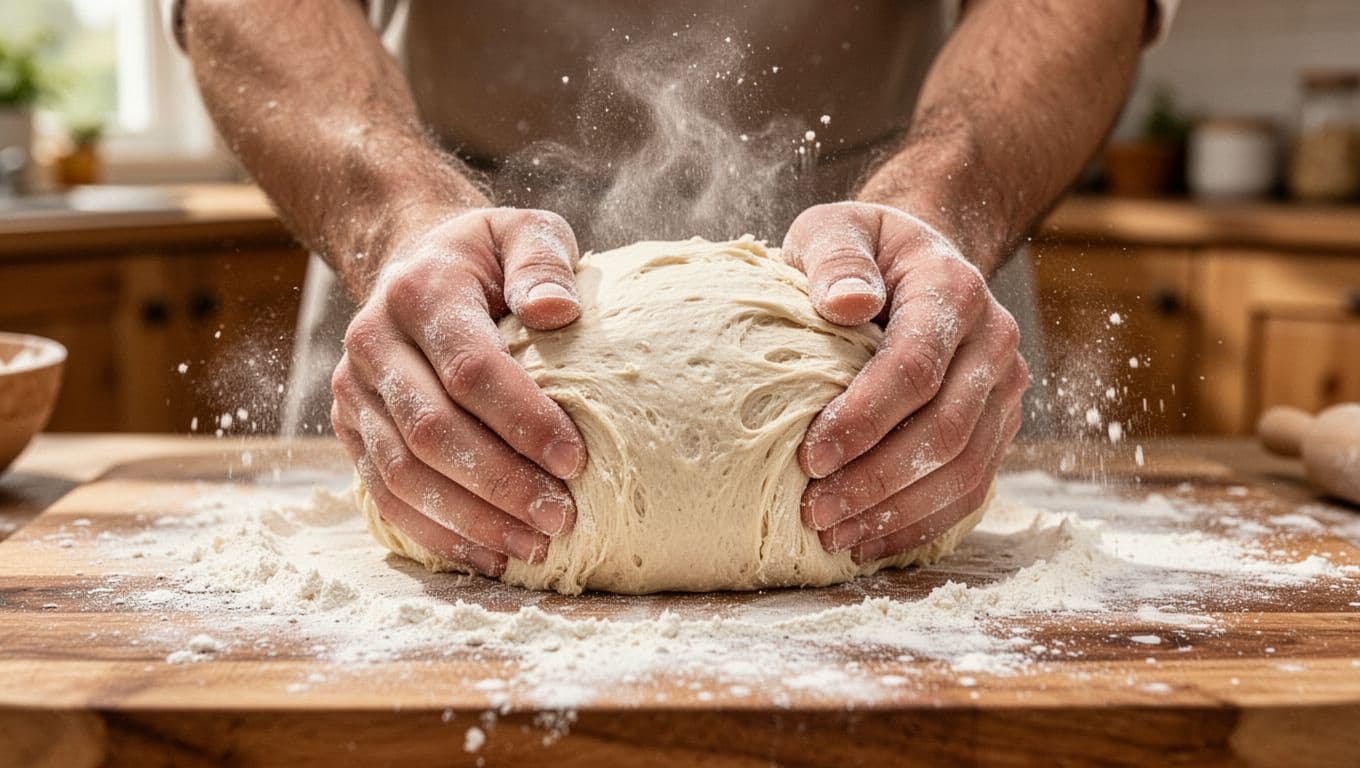 Close-up action shot of two floured hands vigorously kneading a smooth, elastic ball of white bread dough on a wooden cutting board dusted with flour, with flour clouds in the air and a blurred cozy kitchen background.