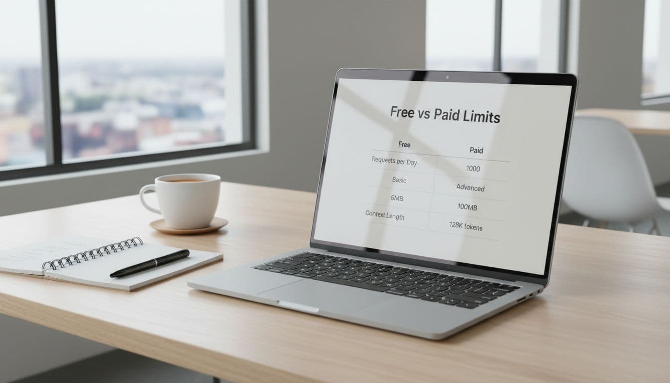 Photo-realistic landscape image of a simple comparison chart titled 'Free vs Paid Limits' displayed on a laptop screen at an angle on a modern office desk with coffee mug and notepad.