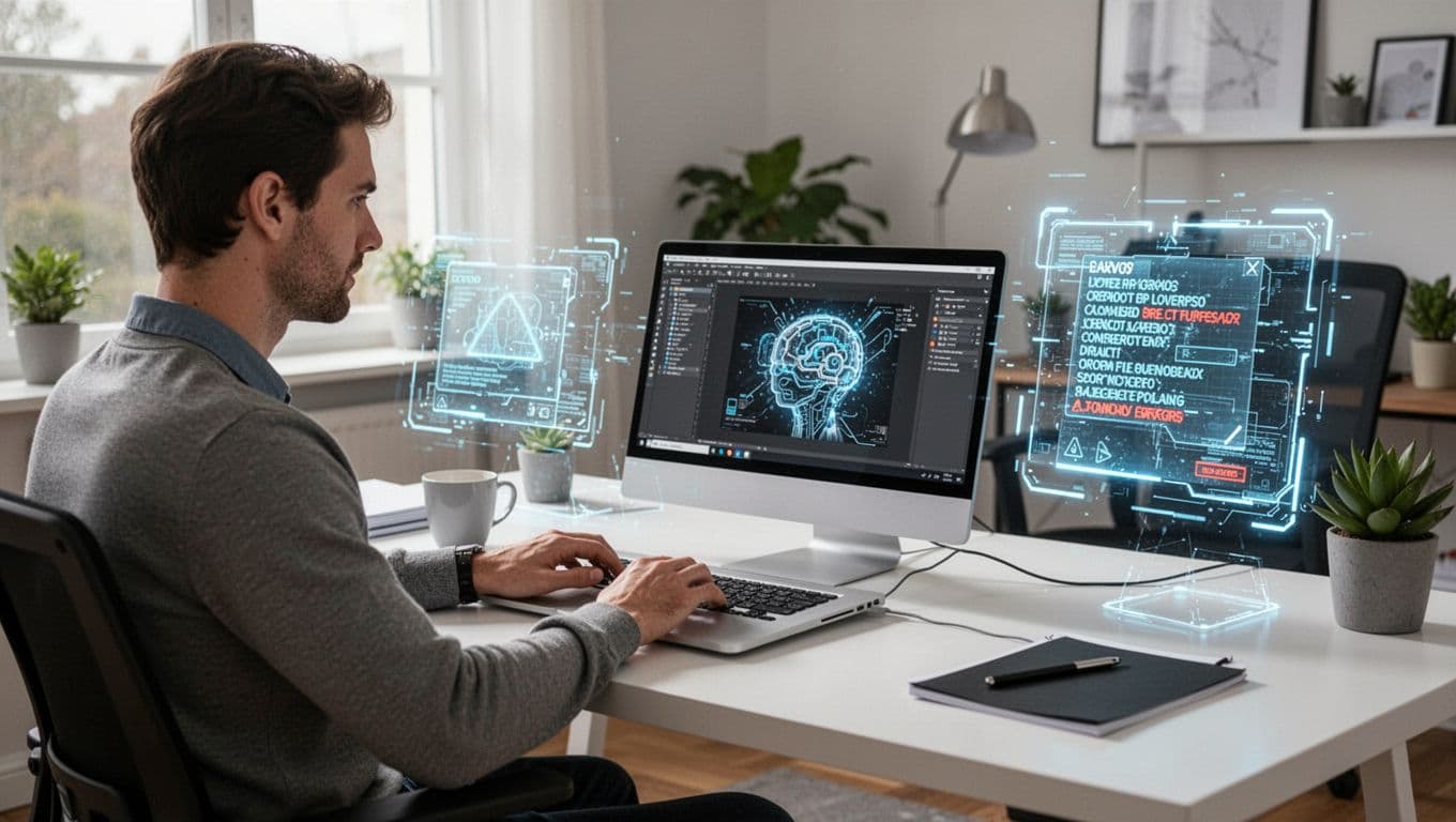 A focused professional freelancer sits at a modern desk in a bright home office, typing on a laptop showing a detailed graphic design project, beside a holographic AI interface displaying a corrupted file with glitches, in realistic style with natural daylight.