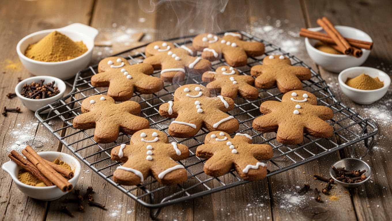 Close-up view of 8-10 homemade gingerbread men cookies, some plain and some with icing faces, cooling on a wire rack beside bowls of ginger, cinnamon, cloves, and nutmeg. Soft warm lighting creates a cozy holiday mood on a rustic wooden table with subtle steam rising.