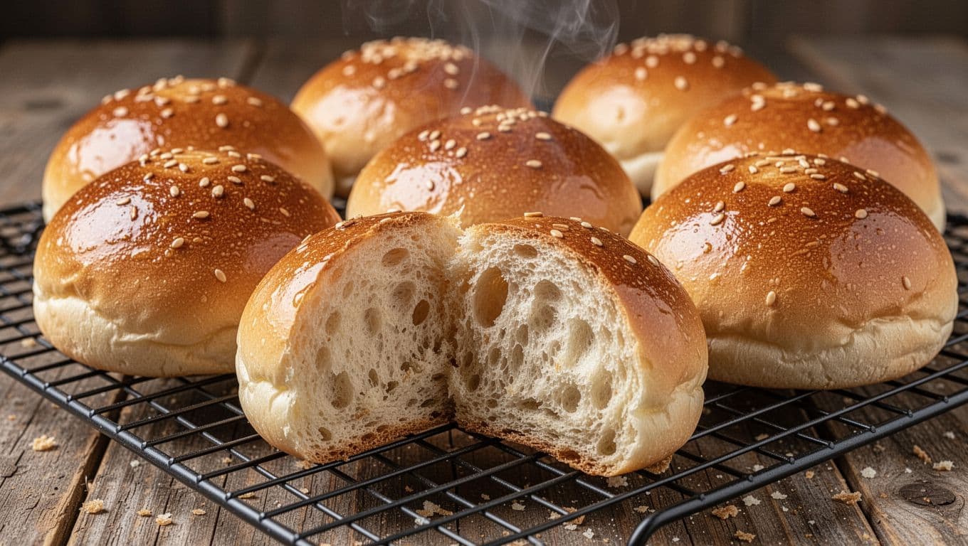 Appetizing close-up of six large freshly baked golden-brown homemade burger buns cooling on a wire rack, one split open revealing tight springy crumb texture inside with faint steam rising.