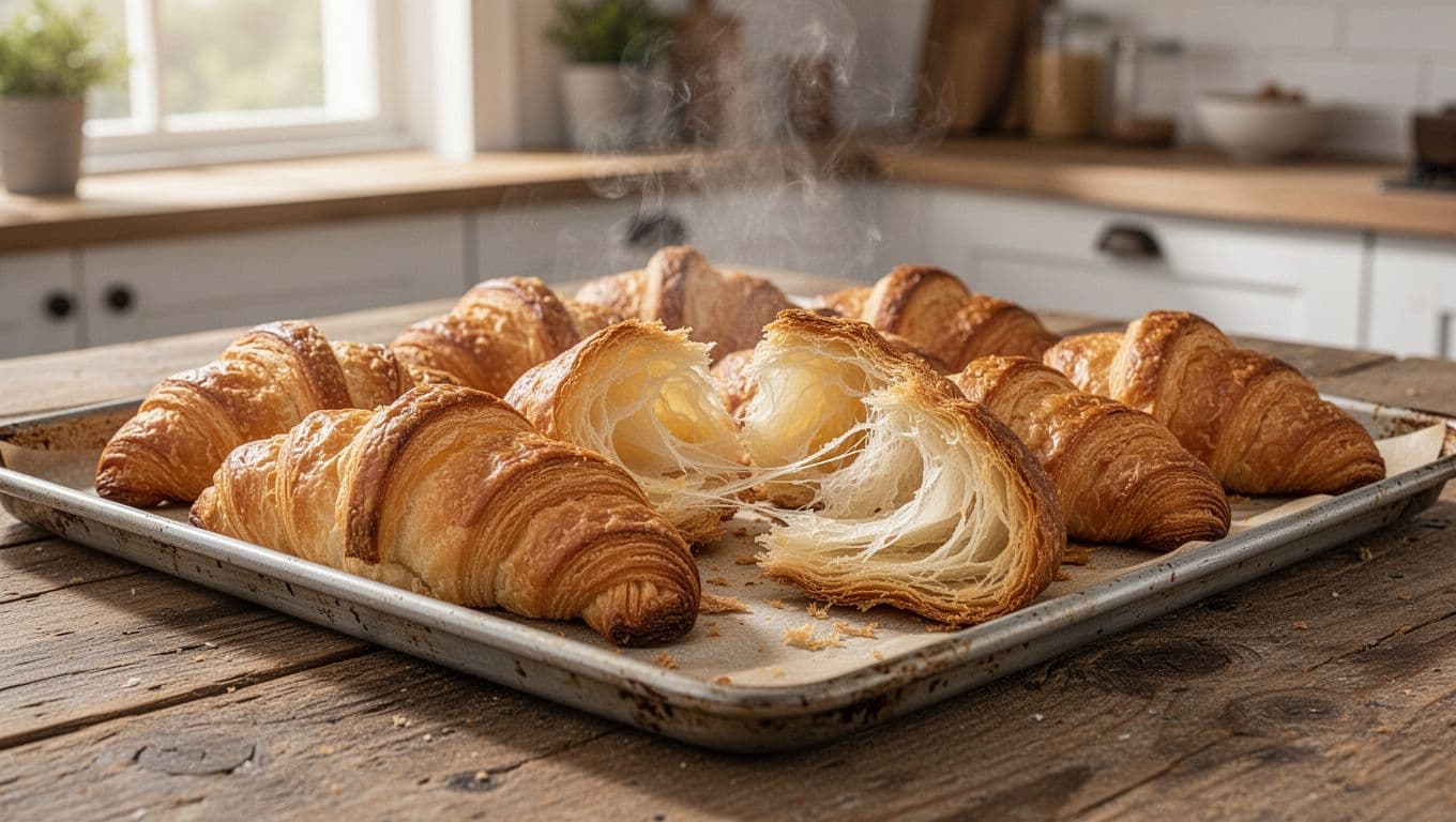 A close-up view of a baking tray filled with freshly baked golden homemade croissants, showcasing flaky multi-layered interiors pulled apart in one to show layers, with steam rising slightly, placed on a rustic wooden table in a bright kitchen under natural morning light.