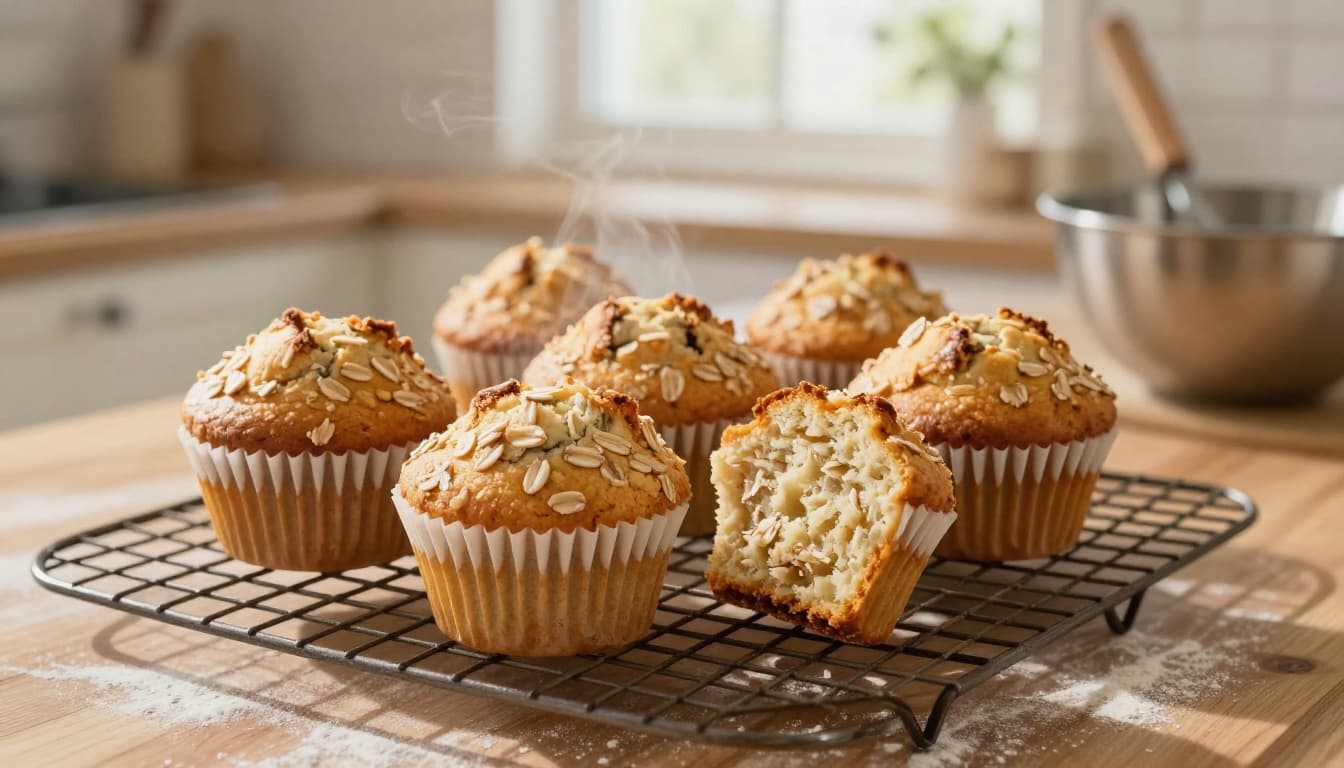 A photo-realistic sunlit kitchen scene with golden-brown oat muffins in white paper liners on a wire cooling rack, one split open to reveal moist oat-speckled interior, surrounded by wooden counter, flour dusting, and morning light. A photo-realistic sunlit kitchen scene with golden-brown oat muffins in white paper liners on a wire cooling rack, one split open to reveal moist oat-speckled interior, surrounded by wooden counter, flour dusting, and morning light.