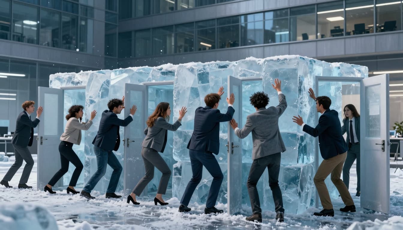 Metaphor of a frozen labor market with young professionals trapped in ice while office doors sit open outside. Image created with AI. Metaphor of a frozen labor market with young professionals trapped in ice while office doors sit open outside. Image created with AI.