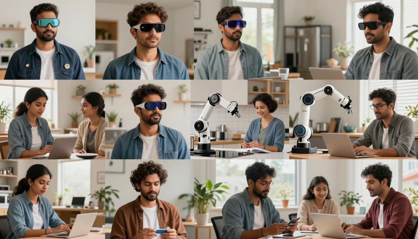 Collage-style photorealistic image depicting future AI wearables like smart pins, glasses, and robotic arms seamlessly integrated into natural daily scenes in homes, offices, and outdoor settings.