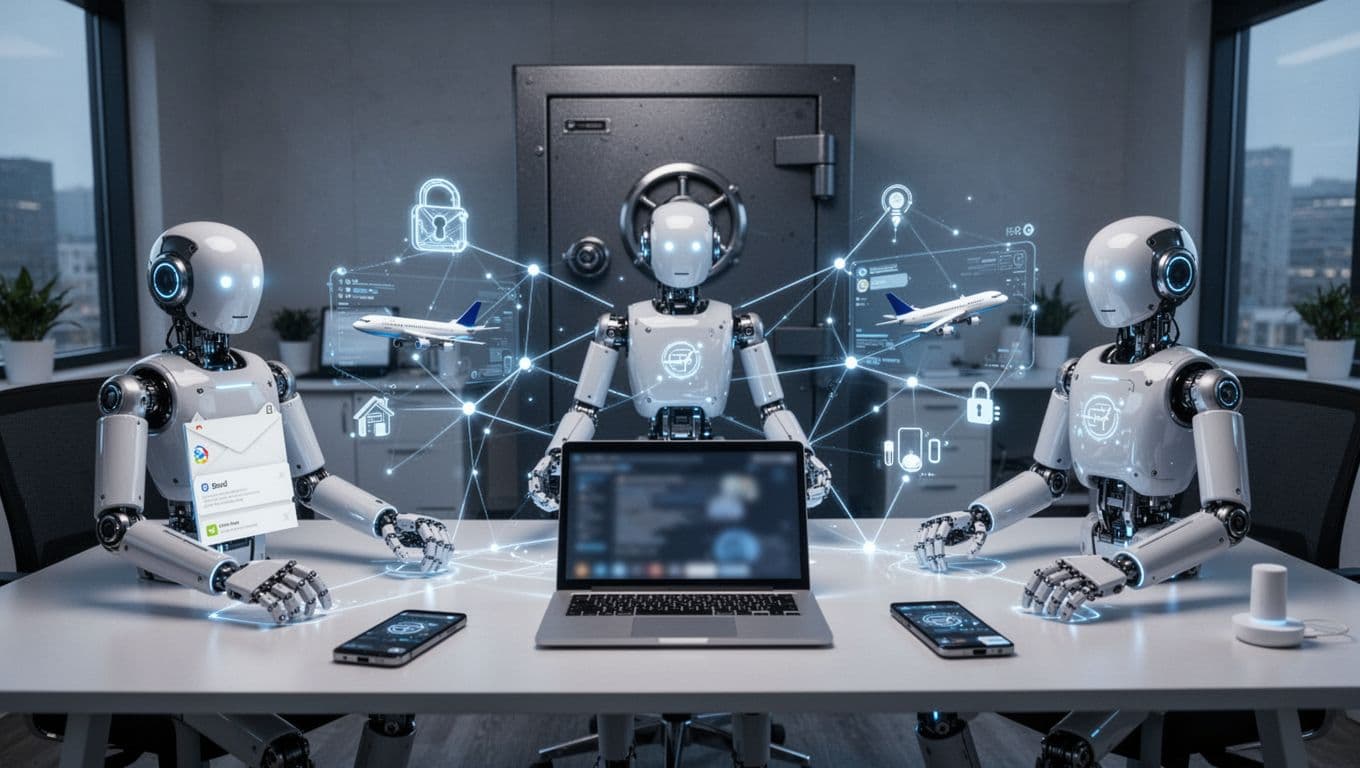 Three abstract humanoid AI agents collaborate on a professional desk, managing emails, flights, and smart home devices via glowing networks, with a secure vault in the background.