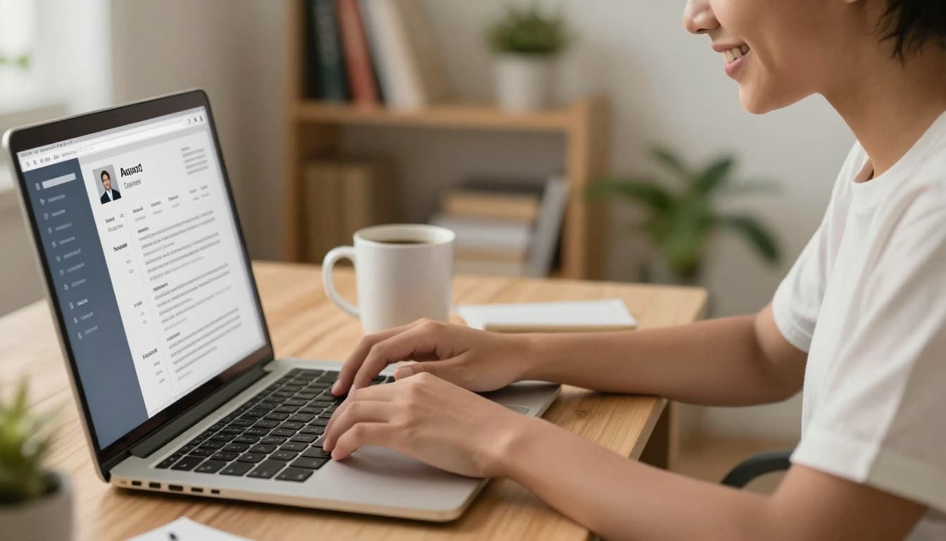 Gen Z job seeker using a laptop with an AI chat window open to draft a resume in a cozy home office. Image created with AI. Gen Z job seeker using a laptop with an AI chat window open to draft a resume in a cozy home office. Image created with AI.