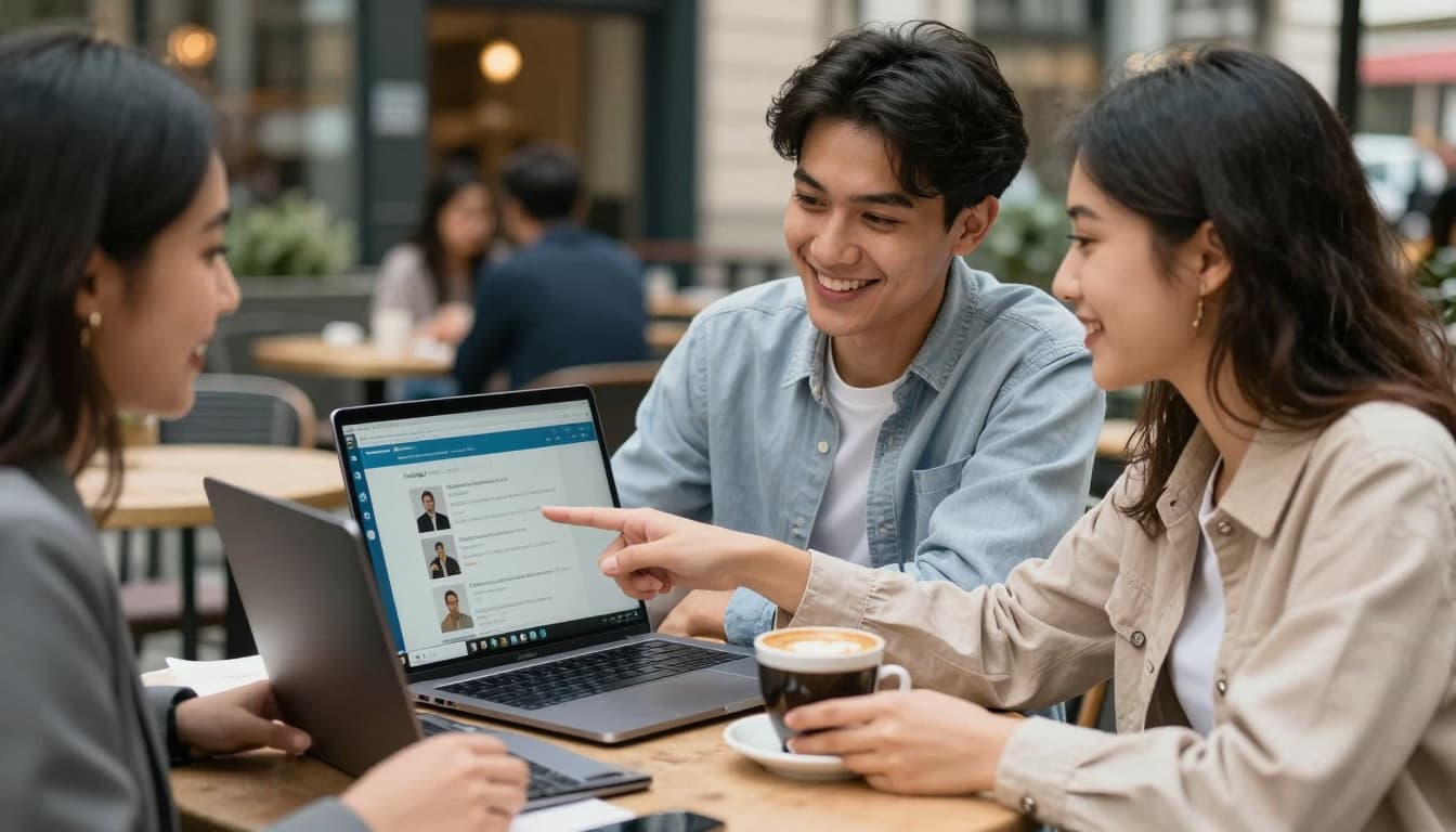 Two Gen Z alumni networking over coffee with laptops open to LinkedIn. Image created with AI. Two Gen Z alumni networking over coffee with laptops open to LinkedIn. Image created with AI.