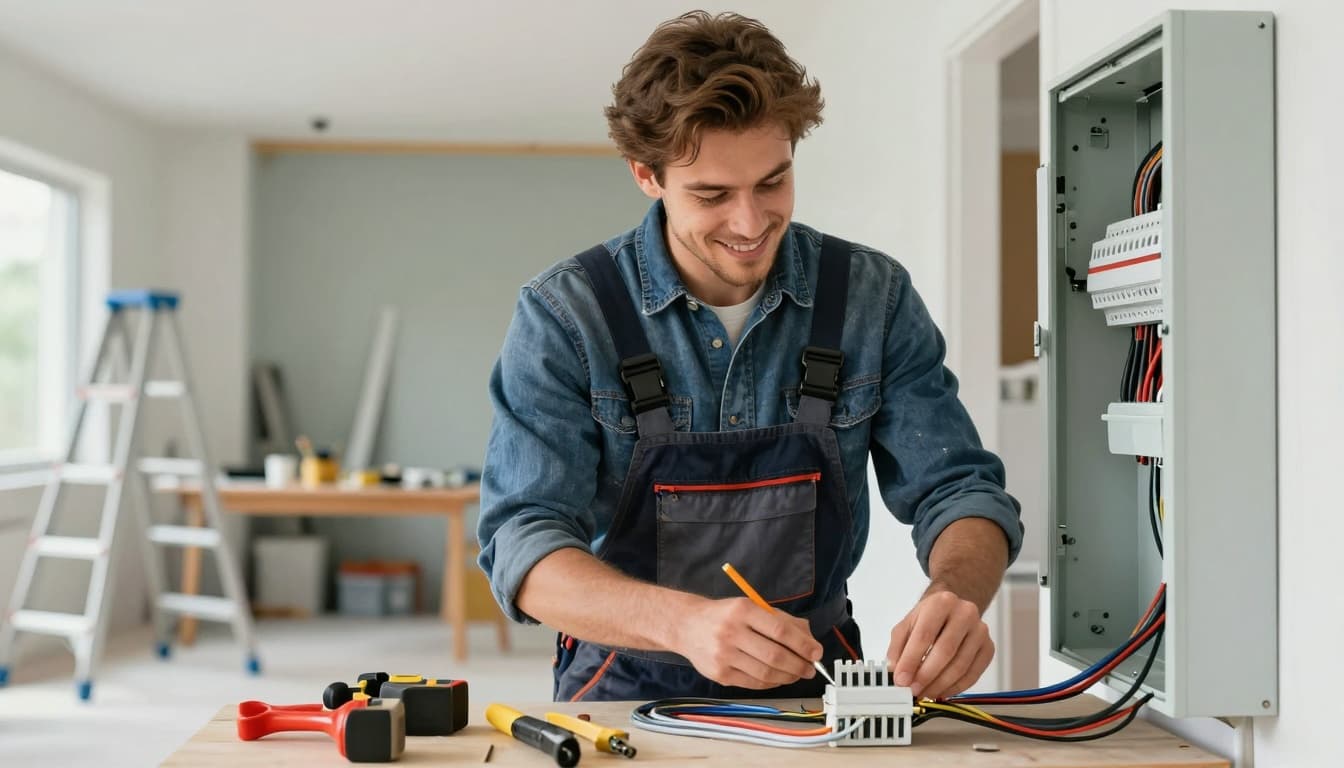Young Gen Z electrician wiring an electrical panel in a modern home, focused and confident. Image created with AI. Young Gen Z electrician wiring an electrical panel in a modern home, focused and confident. Image created with AI.