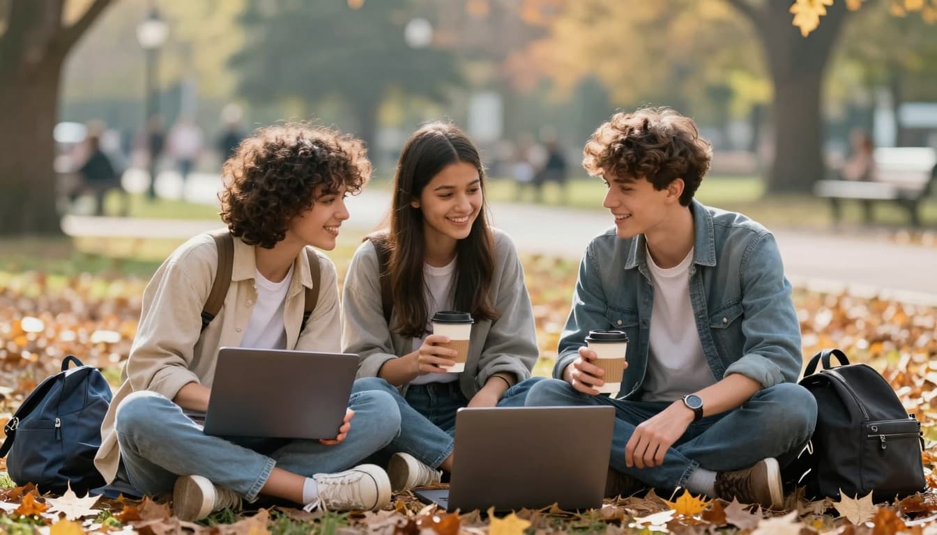 Group of Gen Z friends sitting outside with laptops and coffee, sharing job leads and supporting each other. Image created with AI. Group of Gen Z friends sitting outside with laptops and coffee, sharing job leads and supporting each other. Image created with AI.