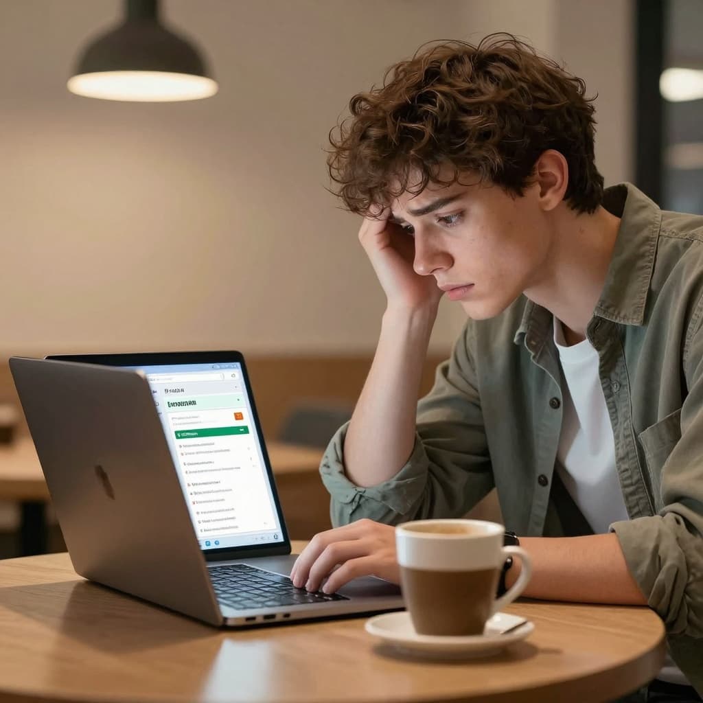 Gen Z job seeker staring at a laptop full of rejections in a coffee shop. Image created with AI. Gen Z job seeker staring at a laptop full of rejections in a coffee shop. Image created with AI.