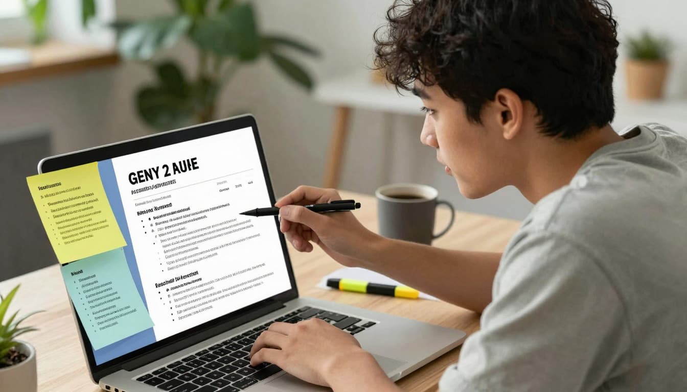 Gen Z job seeker tailoring a resume on a laptop with notes and highlighters. Image created with AI. Gen Z job seeker tailoring a resume on a laptop with notes and highlighters. Image created with AI.