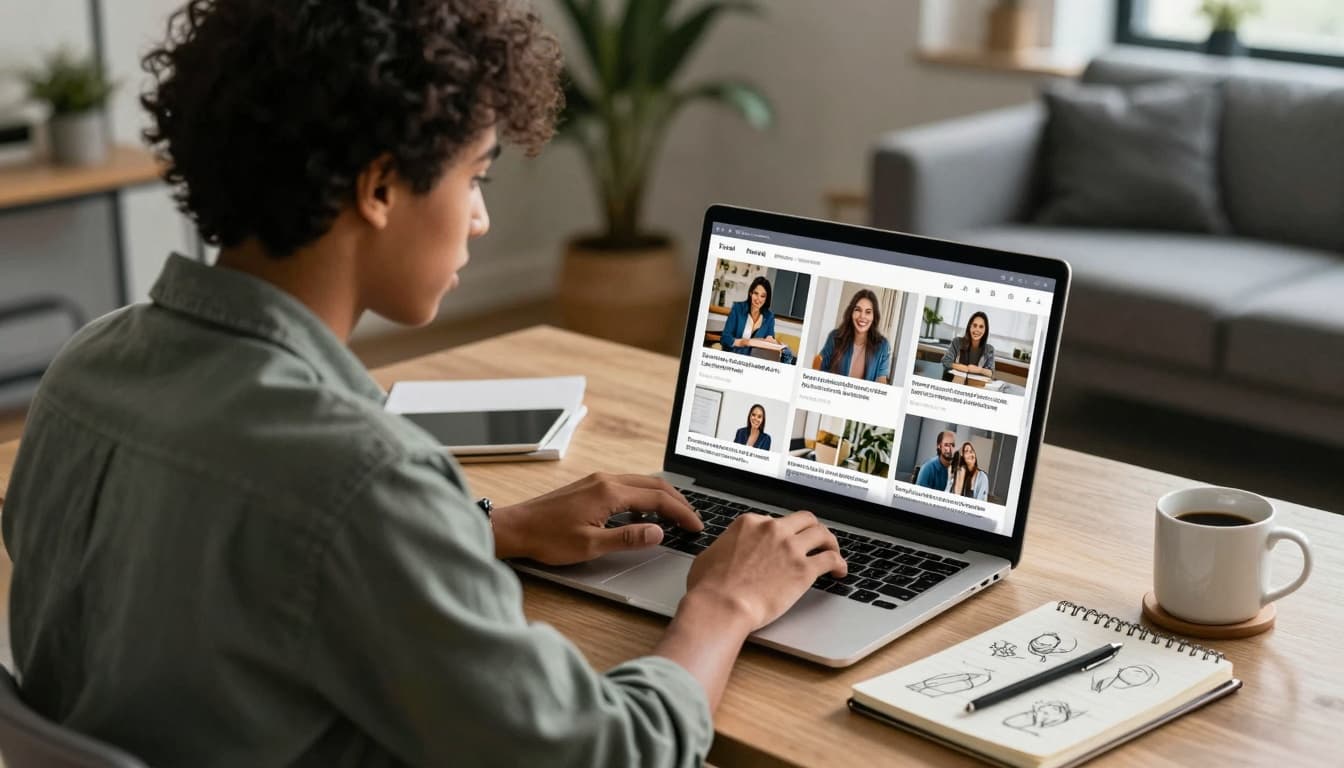 Gen Z job seeker building a visual digital portfolio at a cozy home desk, with project screenshots on the laptop screen. Image created with AI. Gen Z job seeker building a visual digital portfolio at a cozy home desk, with project screenshots on the laptop screen. Image created with AI.