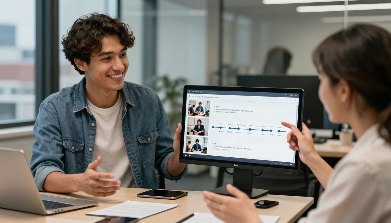 Gen Z professional in a relaxed interview, showing project images on a phone screen to a smiling recruiter. Image created with AI. Gen Z professional in a relaxed interview, showing project images on a phone screen to a smiling recruiter. Image created with AI.