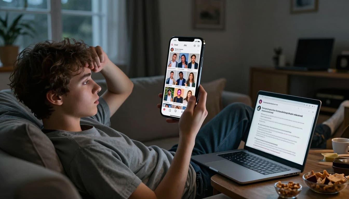 Gen Z young adult scrolling social media with dream jobs on phone and rejections on laptop. Image created with AI. Gen Z young adult scrolling social media with dream jobs on phone and rejections on laptop. Image created with AI.