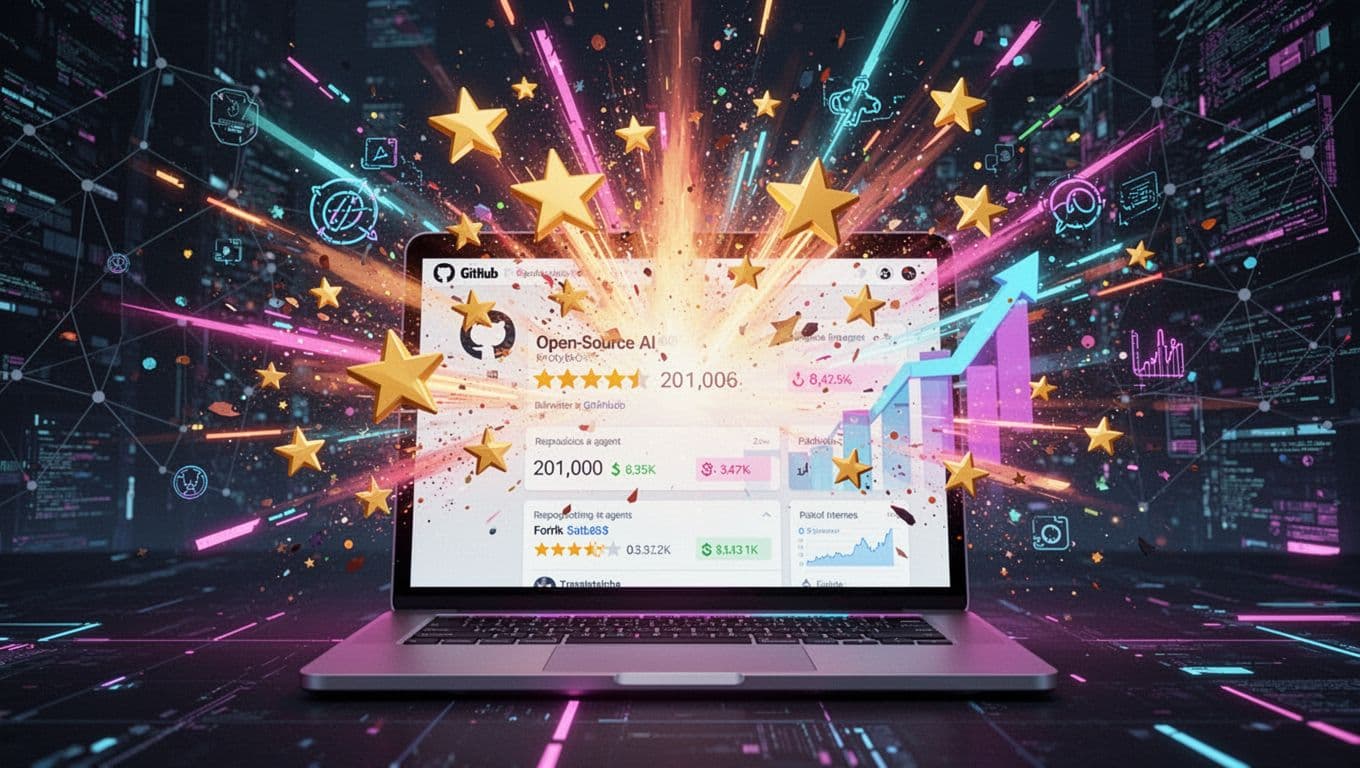 A dynamic cyberpunk scene of a GitHub repository exploding with stars and forks, showcasing massive growth in an open-source AI agent project on a laptop screen amid digital viral particles.