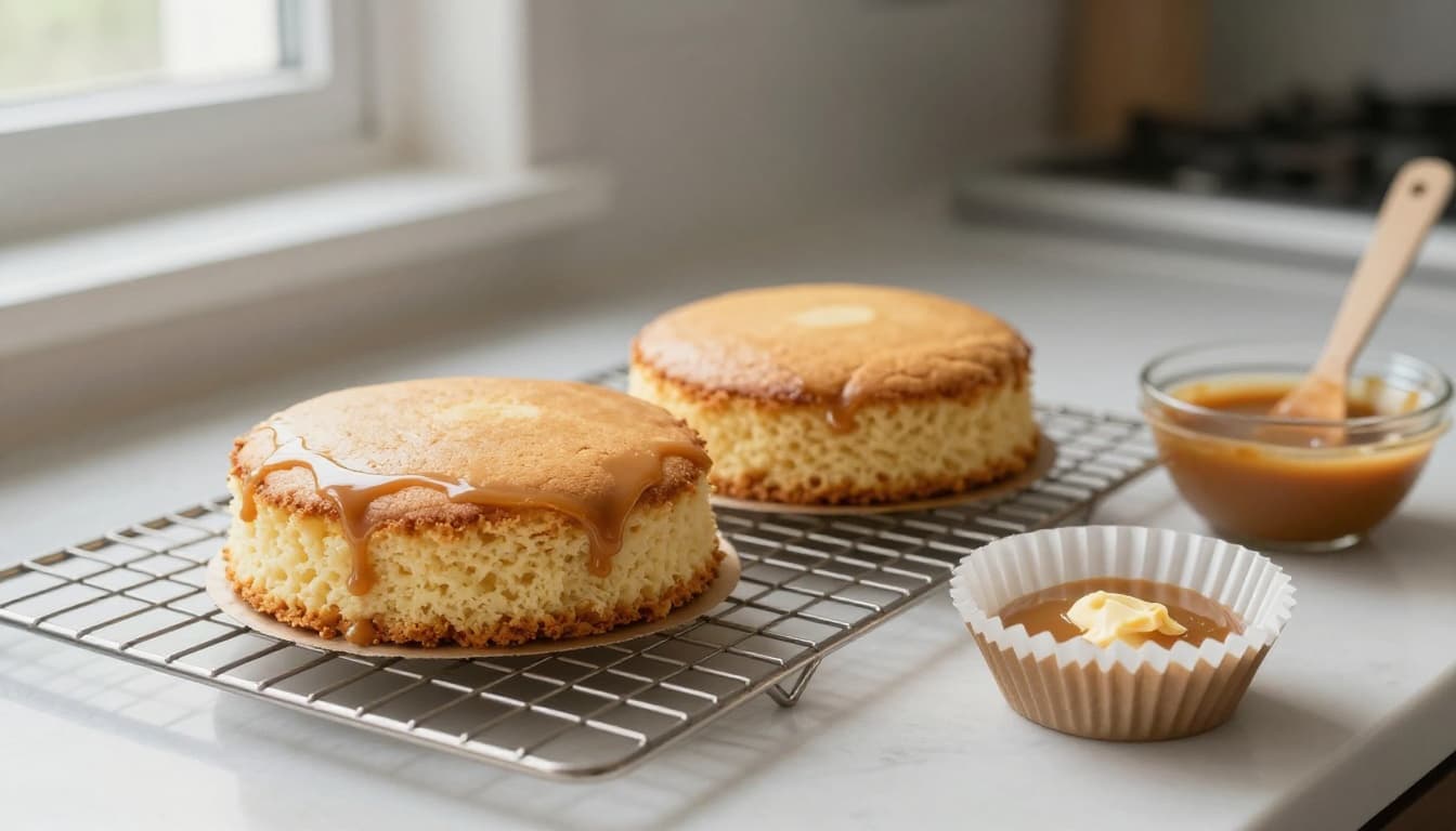 Two golden baked cake layers cooling on a wire rack in a kitchen, one topped with thin caramel layer ready for stacking, moist crumb visible, nearby bowl of caramel sauce.