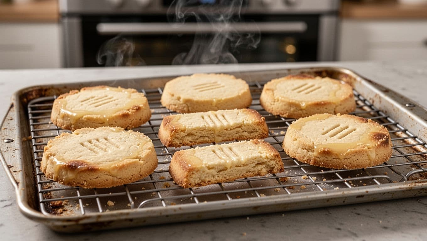 Freshly baked golden shortbread biscuits, rounds and one finger-shaped, cooling on a wire rack over a baking sheet with light browning, fork piercings, and slight steam rising. Appetizing crumbly texture and buttery shine on kitchen counter with blurred oven background, realistic high-detail food photography.