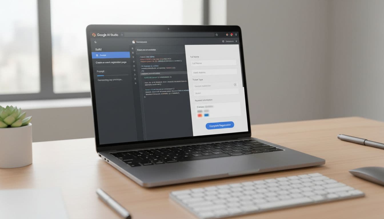 Laptop showing Google AI Studio Build generating an app prototype