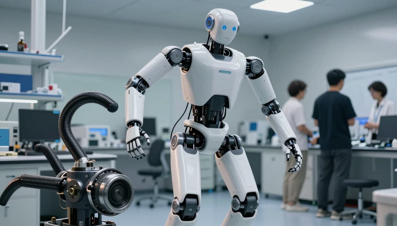 Photorealistic image of lightweight humanoid AI robot Grow HR in a modern lab at Southern University of Science and Technology in Shenzhen, dynamically expanding its limbs and torso from 1m to 1.36m using soft bone-inspired linkages, tension cables, and textile layers.