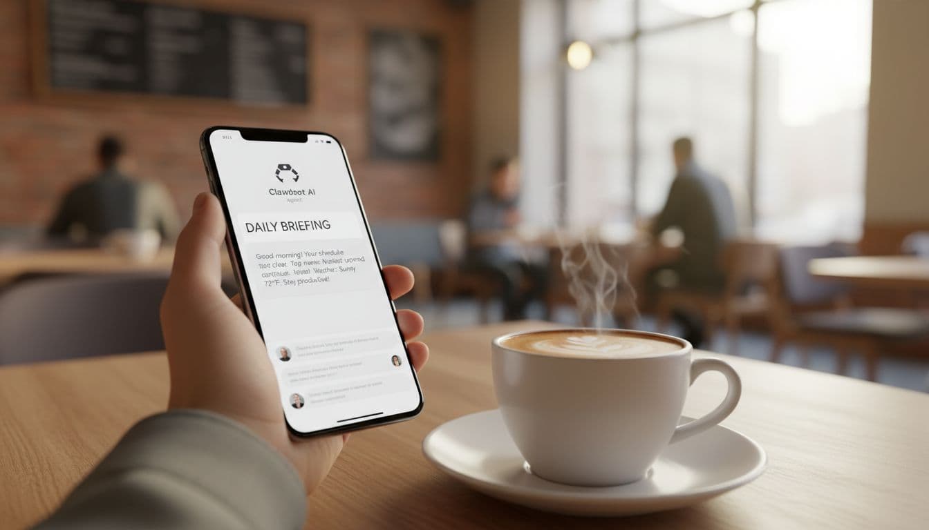 Photorealistic image of a hand holding a smartphone in a cafe, displaying a Clawdbot AI daily briefing notification on the screen, with a coffee cup in the foreground and blurred cafe background.
