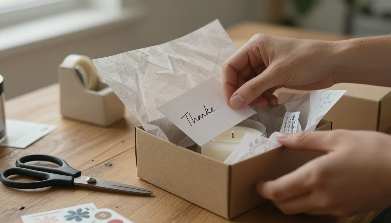 Photo-realistic close-up of hands carefully packing a small handmade product like a scented candle into kraft box with tissue paper and thank you note. Photo-realistic close-up of hands carefully packing a small handmade product like a scented candle into kraft box with tissue paper and thank you note.