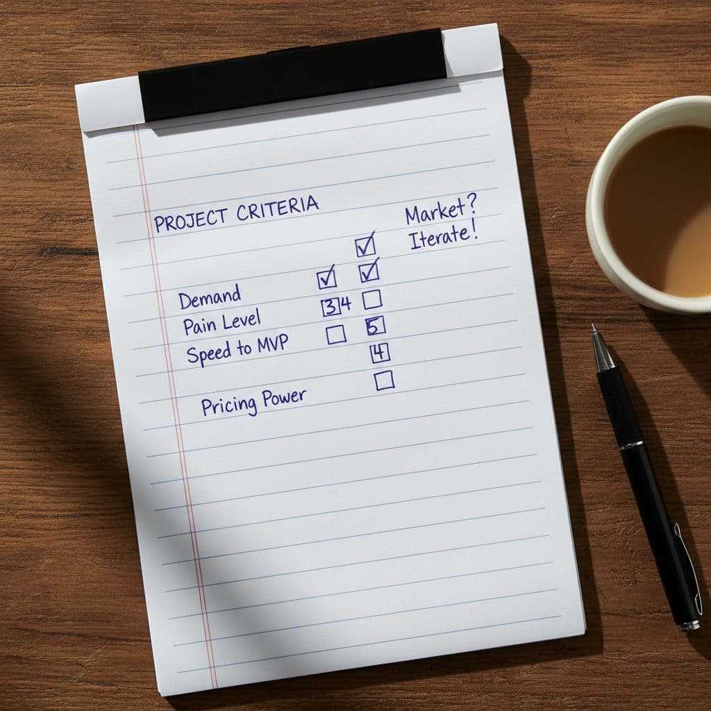 Photorealistic image of a simple scoring checklist on a notepad, featuring criteria like Demand, Pain level, Speed to MVP, and Pricing power with 1-5 scales and checkmarks. Placed on a wooden desk surface with a pen and coffee cup nearby, lit by natural daylight from a window.