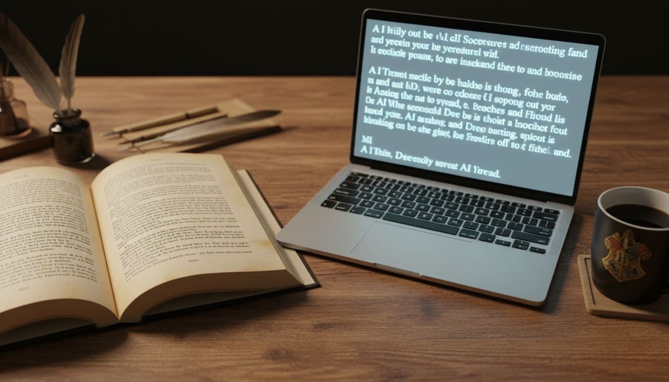 An open book beside a laptop showing generated text