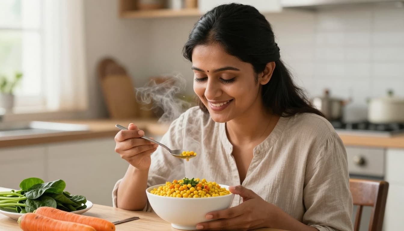 Photo-realistic image of a healthy Indian woman in her 30s smiling while eating a steaming bowl of moong dal khichdi in a bright kitchen, with fresh vegetables on the side and cozy morning light.