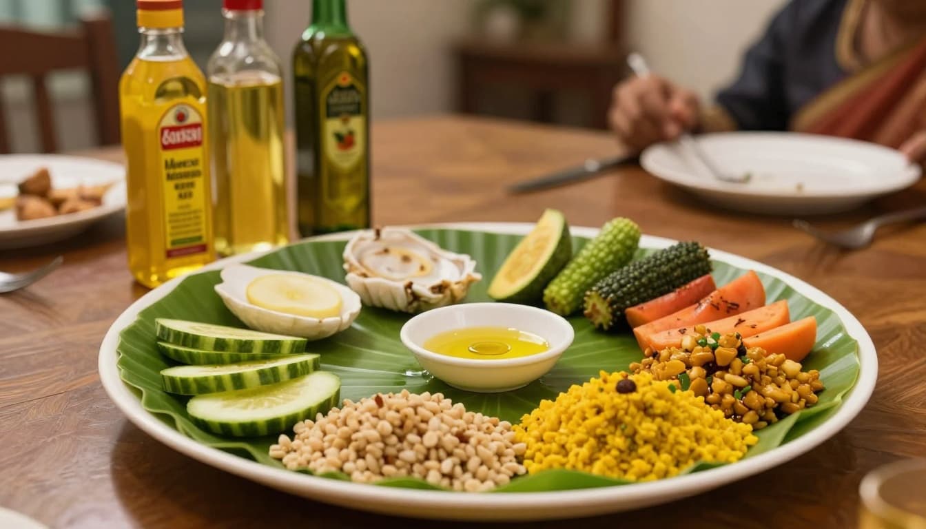A practical example of oil rotation for heart health on a balanced Indian thali plate divided into vegetables, fruits, grains, dal with a small oil drizzle, surrounded by mustard, peanut, and olive oil bottles on a family dining table.