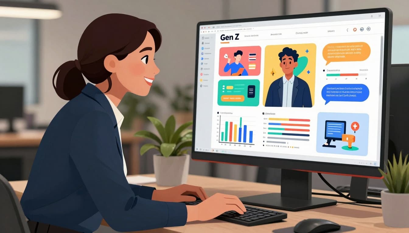 Hiring manager smiling at a computer screen while reviewing a Gen Z candidate’s visual portfolio with charts and project images. Image created with AI. Hiring manager smiling at a computer screen while reviewing a Gen Z candidate’s visual portfolio with charts and project images. Image created with AI.