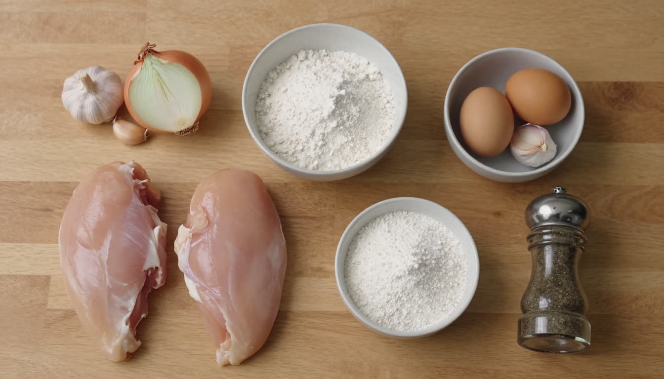 Ingredients for homemade chicken nuggets laid out on a counter, flour cornstarch egg garlic onion, budget recipe prep Ingredients for homemade chicken nuggets laid out on a counter, flour cornstarch egg garlic onion, budget recipe prep