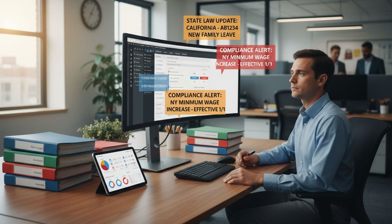 Photo-realistic landscape of an HR manager in a corporate office checking employee handbook on a large monitor with state law update alerts, tablet showing compliance dashboard, organized desk with policy binders, natural light.