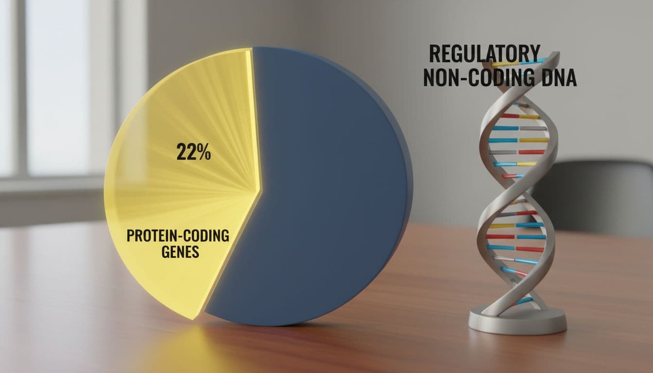 Photorealistic infographic-style pie chart on a wooden desk visualizing the human genome: 2% protein-coding genes in bright color and 98% regulatory non-coding DNA, with a DNA model nearby under soft office lighting.
