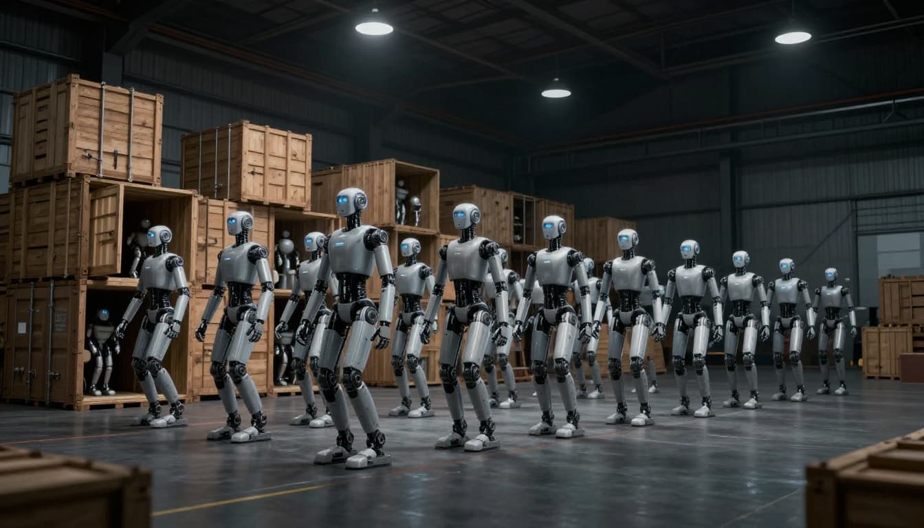 Photo-realistic image of 18 humanoid robots autonomously emerging from stacked wooden shipping crates in a dimly lit industrial warehouse, marching in perfect formation with coordinated movement.