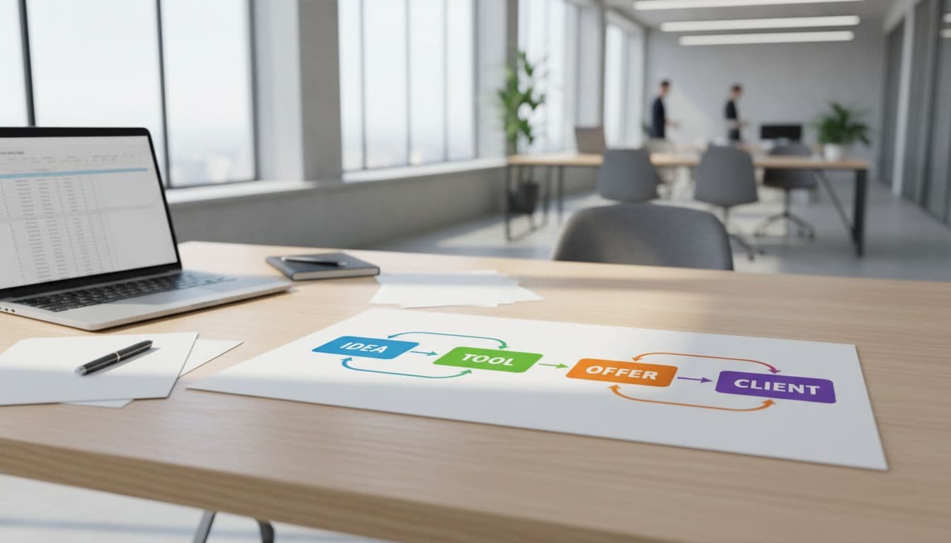 An “Idea to Client” flow that shows the simplest way to turn AI skills into paid work