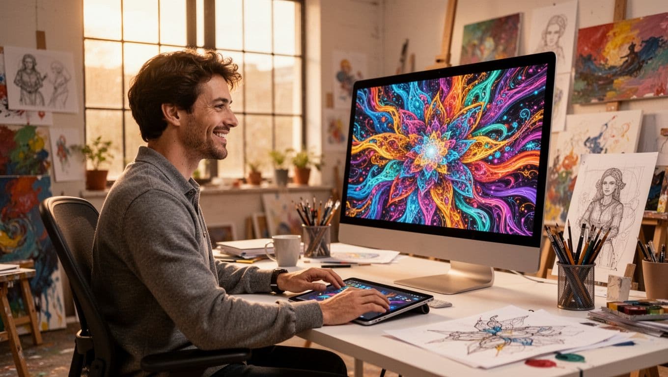 A creative graphic designer seated at a desk in a vibrant modern studio, working on a tablet and computer displaying stunning AI-generated abstract artwork in vibrant colors. Soft warm lighting from large windows illuminates her satisfied expression, surrounded by art supplies and sketches.