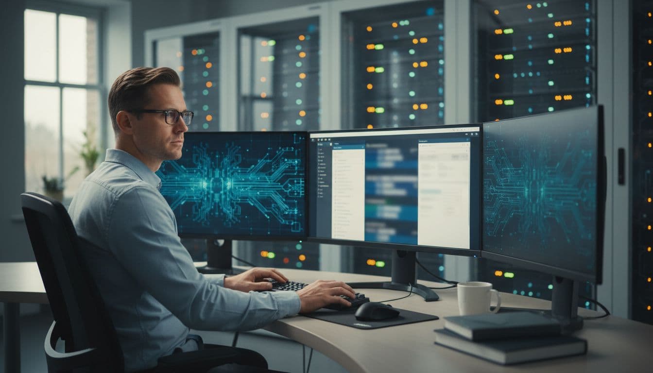 An IT administrator working with blurred email and ticket dashboards