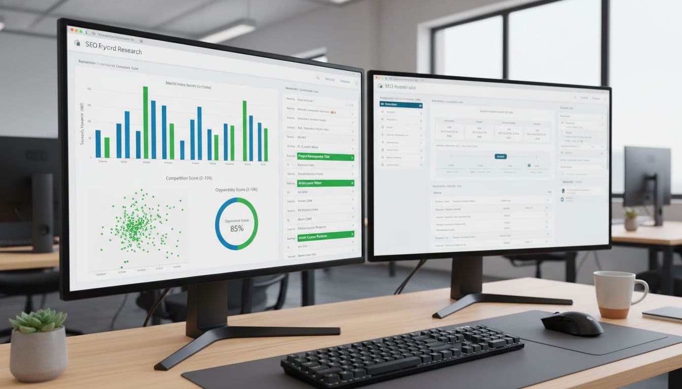 Photo-realistic image of a keyword research dashboard on a dual-monitor desk setup, displaying charts of high search volume keywords with low competition scores, graphs, and tables for micro SaaS opportunities in an Ahrefs or SEMrush style interface.