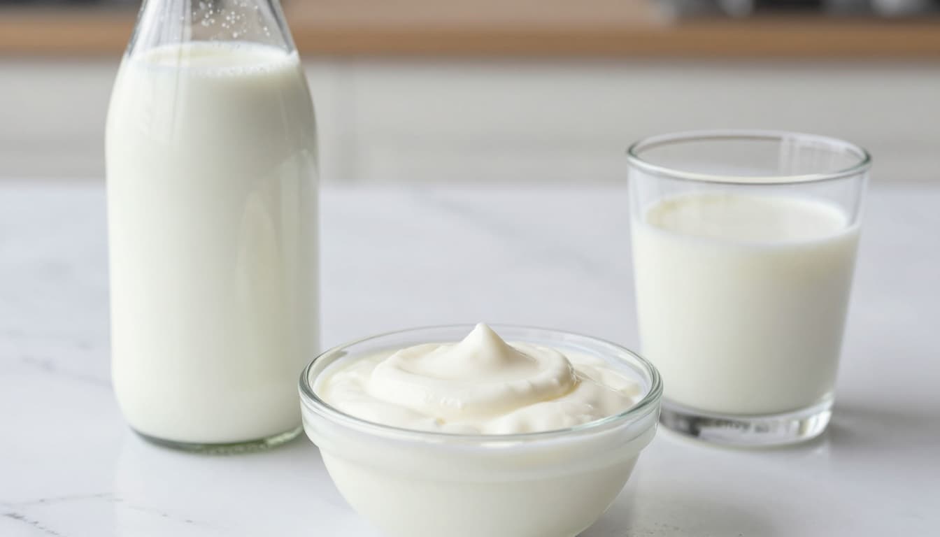 Photo realistic close-up of a glass bottle of lactose-free milk, a small bowl of plain yogurt, and a glass of spiced buttermilk on a clean white marble surface with soft lighting.