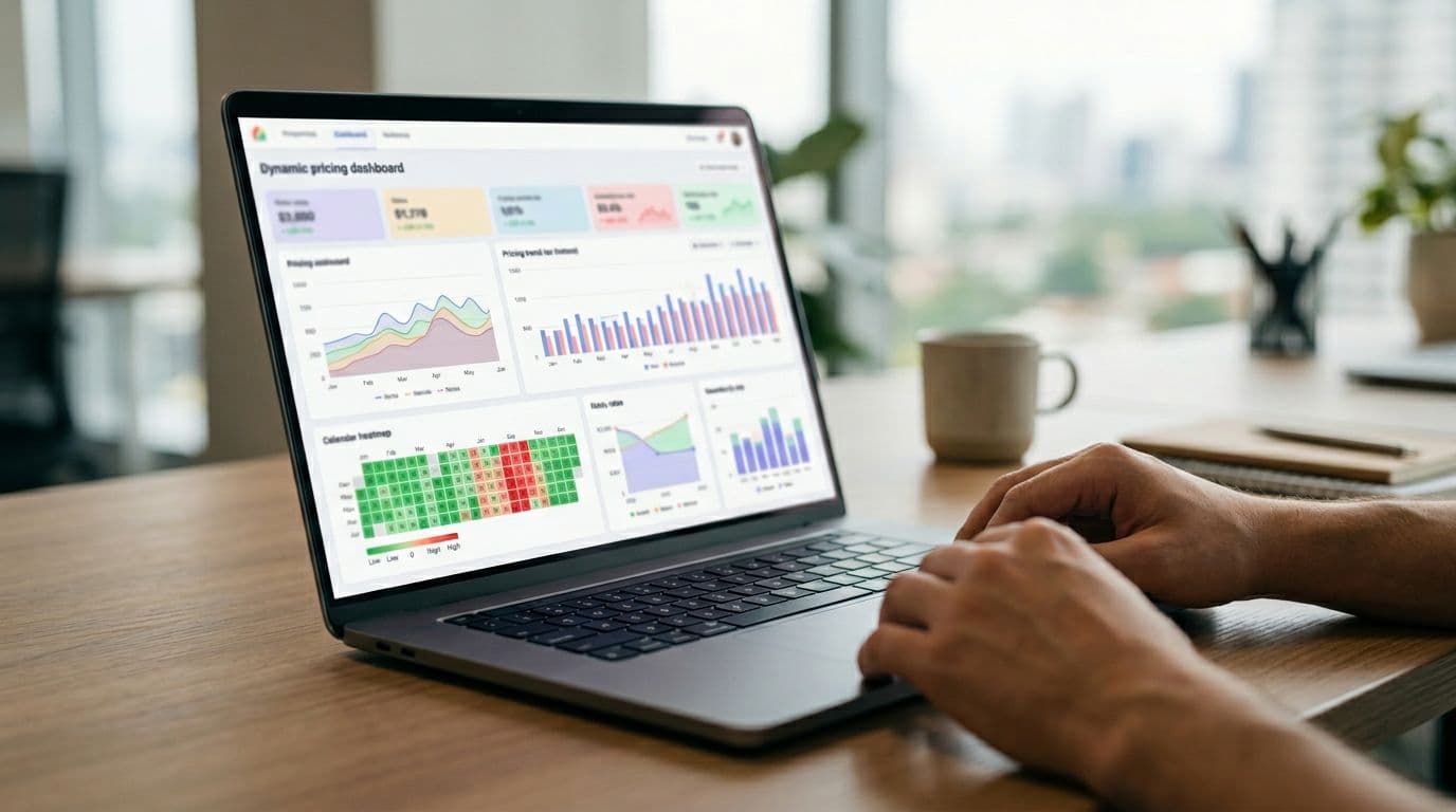 Laptop showing a dynamic pricing dashboard for short-term rental management