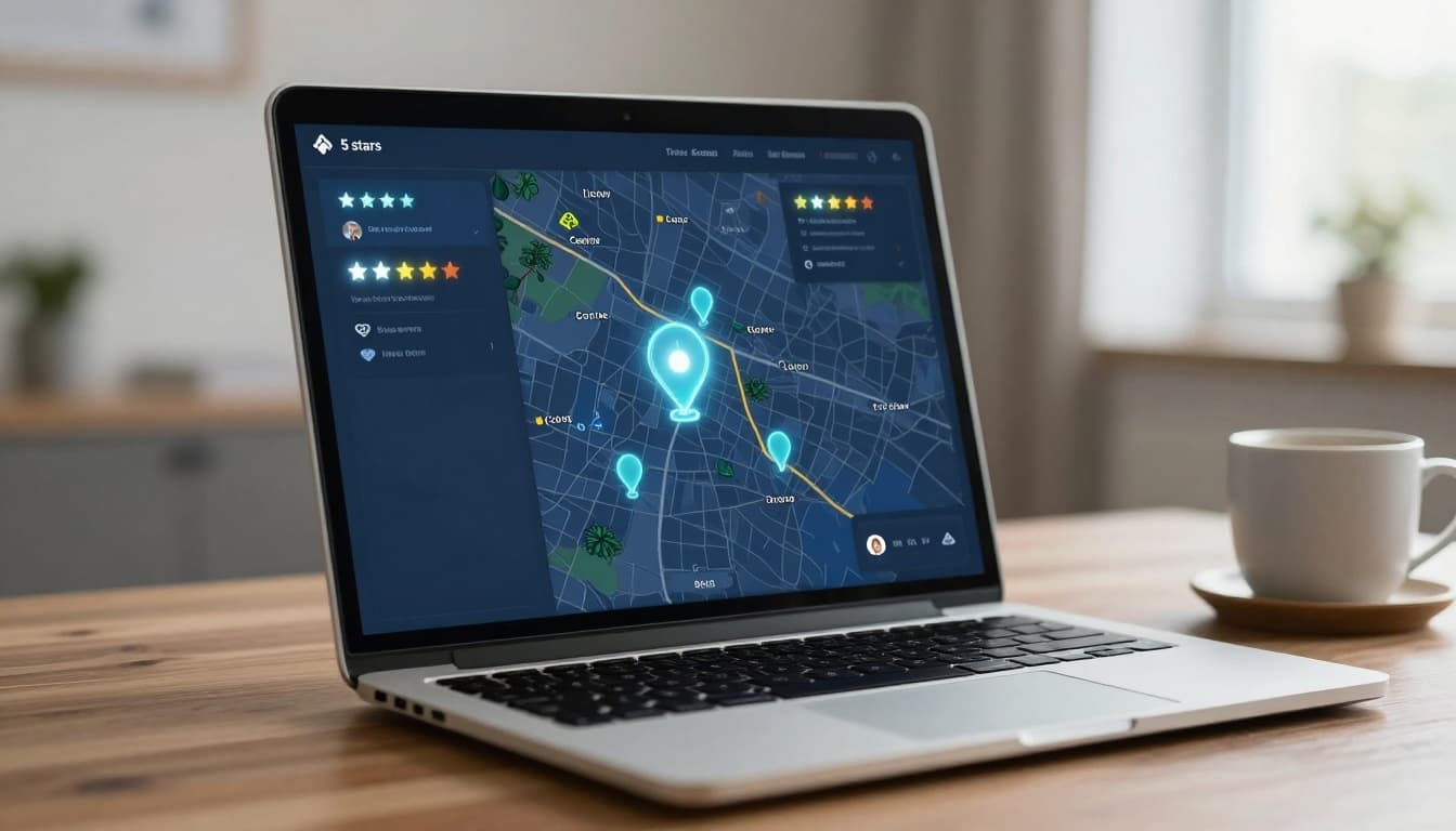Digital map interface on a laptop screen showing local business pins for home services like cleaning and lawn care, with glowing review stars and customer comments icons. Laptop on a wooden desk in a home office, coffee mug nearby, soft window light.