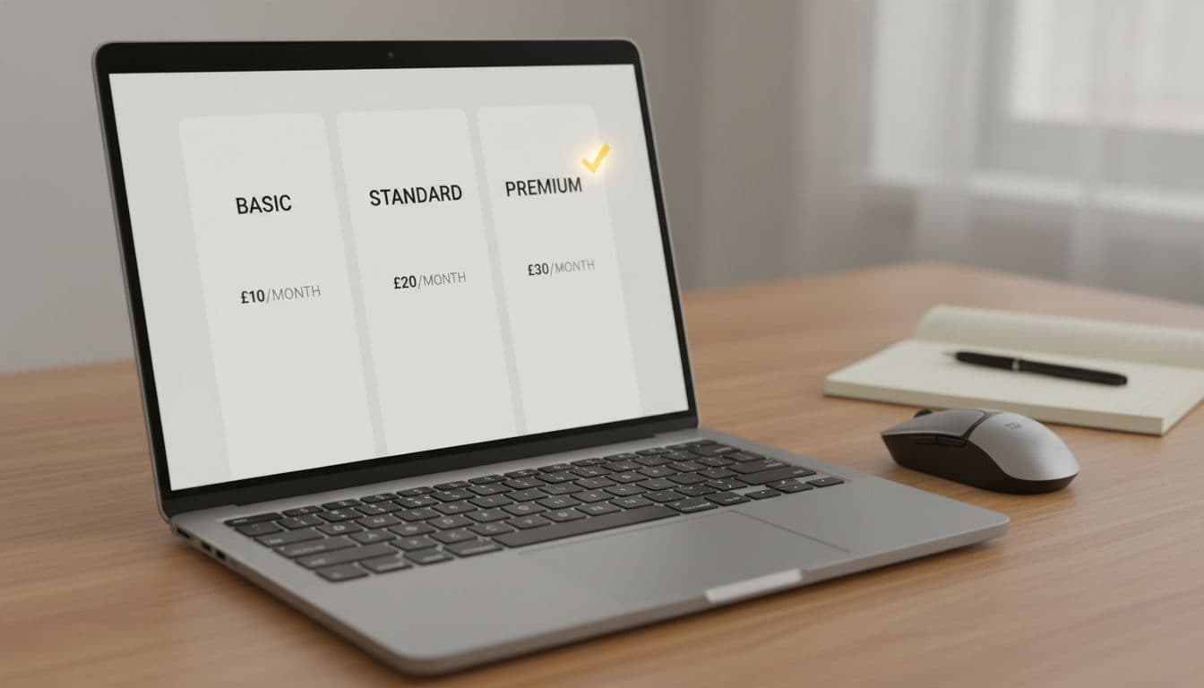 Photorealistic image of a laptop on a wooden desk displaying a simple pricing page with Basic, Standard, and Premium tiers, Premium highlighted by a gold checkmark, soft office lighting.