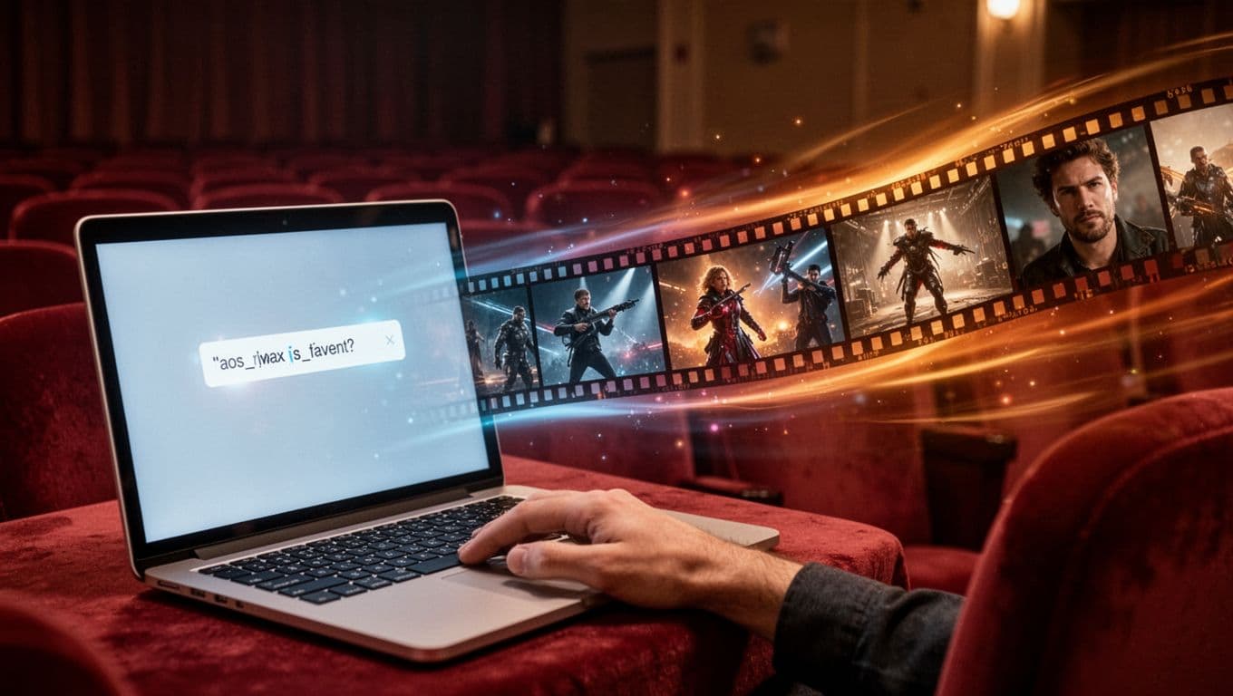 A laptop screen displays a glowing text prompt that fluidly morphs into a colorful unrolling film strip with action movie frames, transitioning from digital blues to warm oranges against a subtle cinematic theater background.