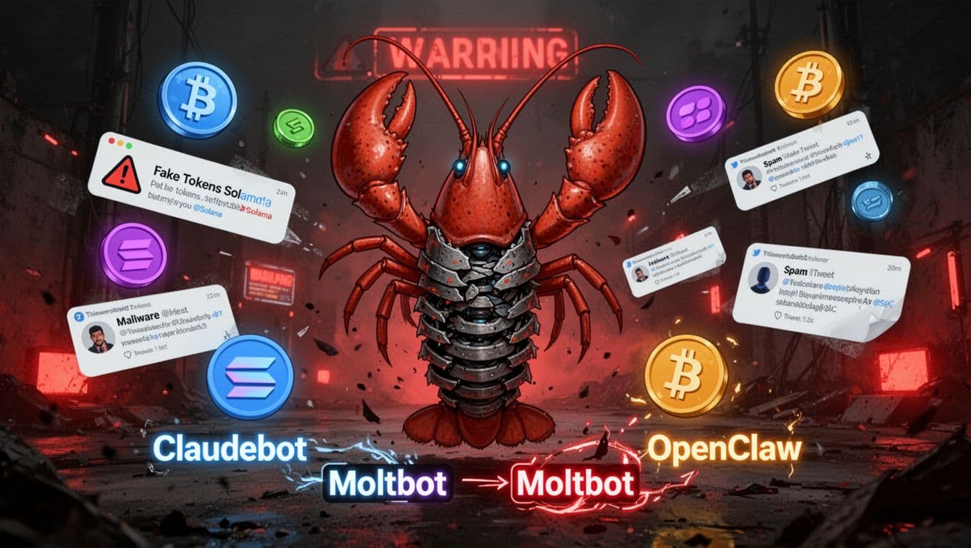 Illustration of a lobster-like AI agent molting its shell in rebranding turmoil from Claudebot to Moltbot to OpenClaw, surrounded by crypto scam icons like Solana tokens, malware alerts, and spam tweets. Dark thriller mood with red warning lights in digital art style, landscape orientation.